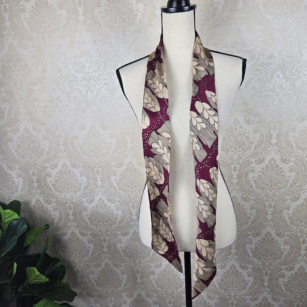 Long Narrow Scarf Purse Twilly Cream Maroon Pattern Angled Ends Neutral Gifts